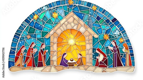 Colorful stained glass nativity scene artwork.