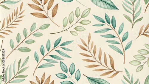 Watercolor Botanical Seamless Pattern Teal and Brown Leaves on Beige Background