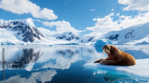 A walrus enjoys a tranquil moment reclined on a small piece of ice amid vast open blue ocean, surrounded by rugged snow-capped mountains and serene wilderness beauty. photo