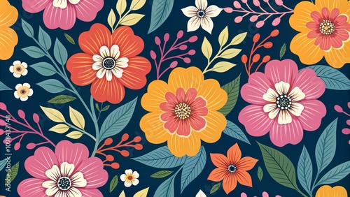 Vibrant Floral Composition Bold Colors, Dark Background, Seamless Pattern