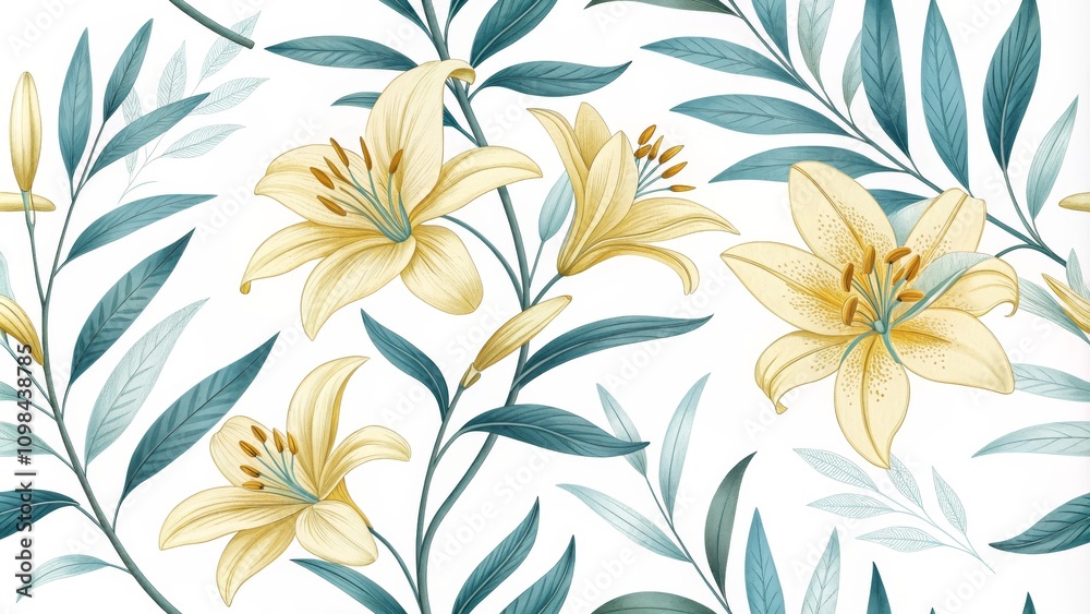Fototapeta premium Seamless Pattern Pale Yellow Lilies and Teal Leaves Botanical Illustration