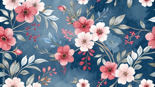 Seamless Watercolor Floral Pattern Pink and Red Blooms on Navy Blue Background