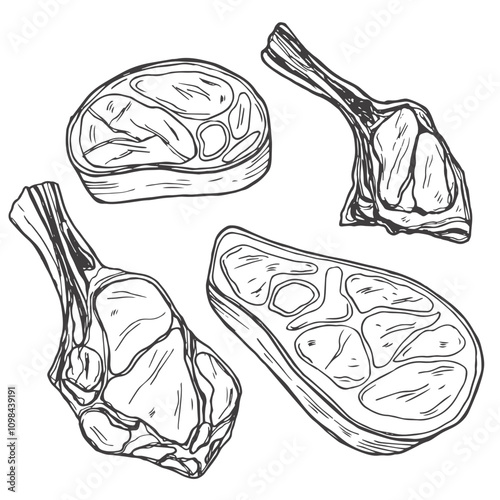 Fresh meat products collection, isolated on white background. Sketch vector illustration. Food isolated design elements.