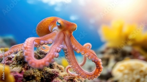 An orange octopus glides across vibrant corals, illustrating the wonder and adaptability of marine life within its colorful ocean habitat. photo