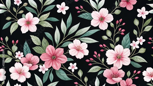 Pink and White Watercolor Floral Seamless Pattern Dark Background