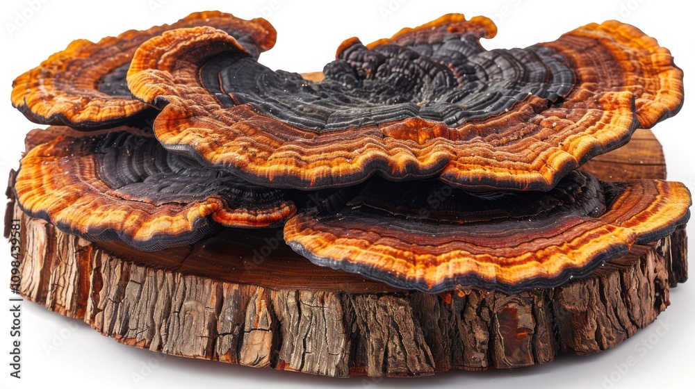 Obraz premium Chaga mushroom showcasing its natural health benefits and vitality properties, captured with intricate details and organic textures for wellness themes