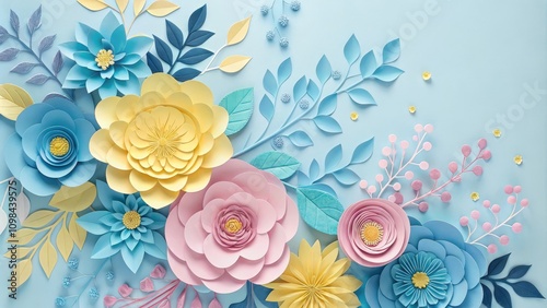 Pastel Paper Flowers Layered Floral Composition on Blue Background