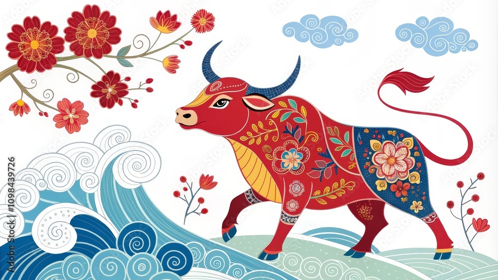 Fototapeta premium Ornate Floral Ox Waves, Clouds, and Chinese New Year Design