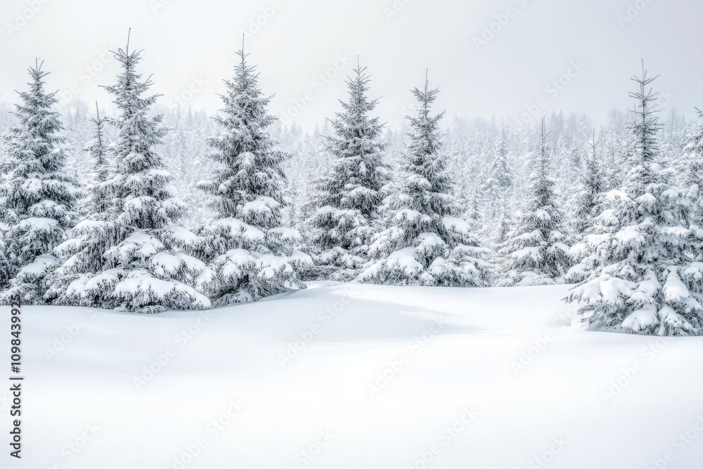 Fototapeta premium A peaceful winter scene featuring snow-laden pine trees in a quiet forest, capturing the essence of a serene, snowy landscape.