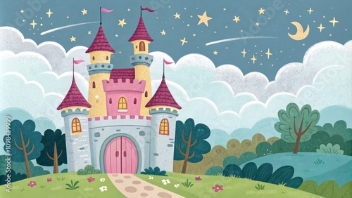 Wallpaper Mural Night Sky Castle Whimsical Illustration of a Pink Castle, Lush Greenery, and Starry Night Torontodigital.ca