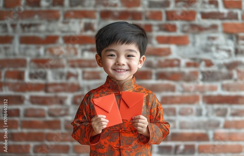 Little boy is overjoyed to get red envelopes for Chinese New Year. photo