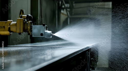 Industrial Robotic Arm Spraying Coating on Metal Surface in Factory