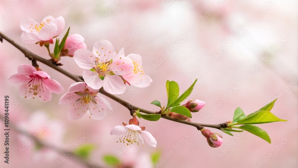 Naklejka premium Delicate Peach Blossoms Spring Branch, Soft Pink Hues, Close-Up Composition