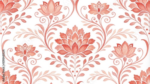 Coral Damask Watercolor Floral Seamless Pattern Design