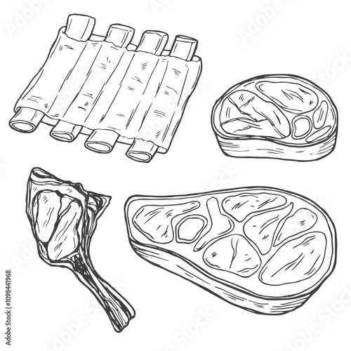 Fresh meat products collection, isolated on white background. Sketch vector illustration. Food isolated design elements.
