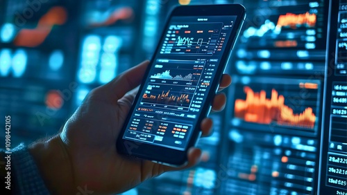 Data-Driven Decisions: A hand holds a tablet displaying dynamic financial charts and graphs, set against a backdrop of vibrant data screens. The image evokes a sense of technological advancement.