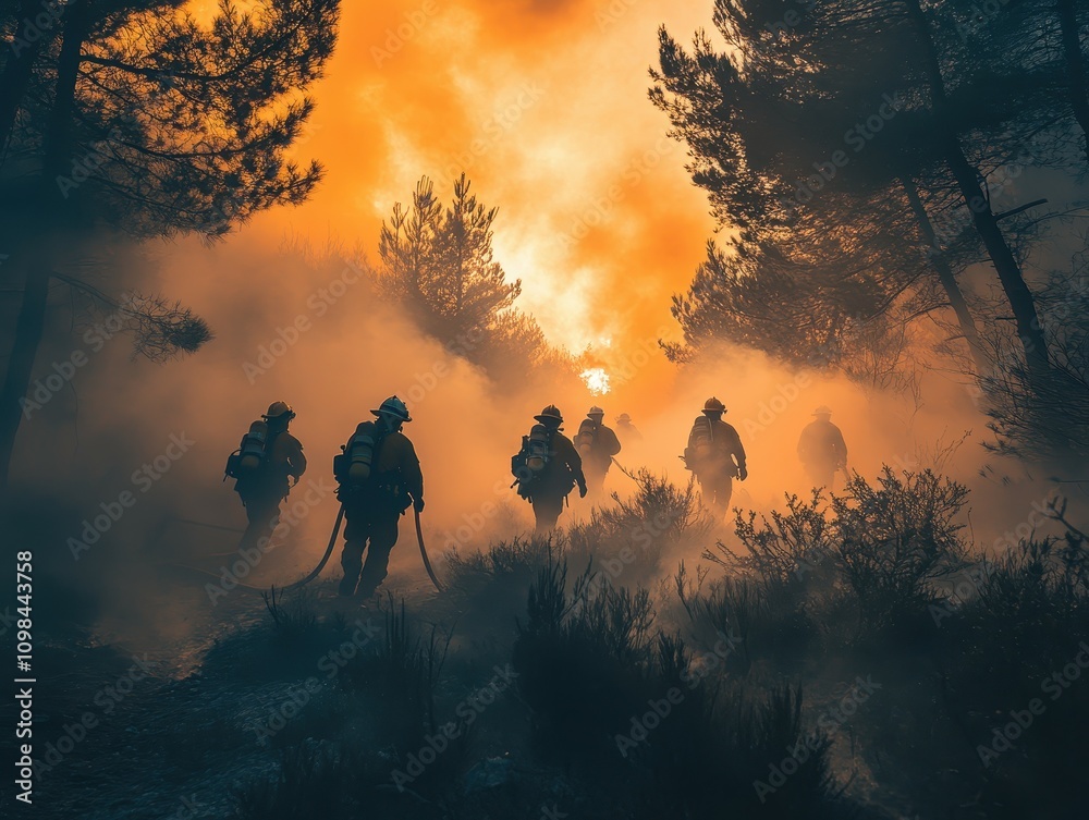 Fototapeta premium Firefighters unite battling fierce wildfire at sunset creating dramatic scene of danger and courage