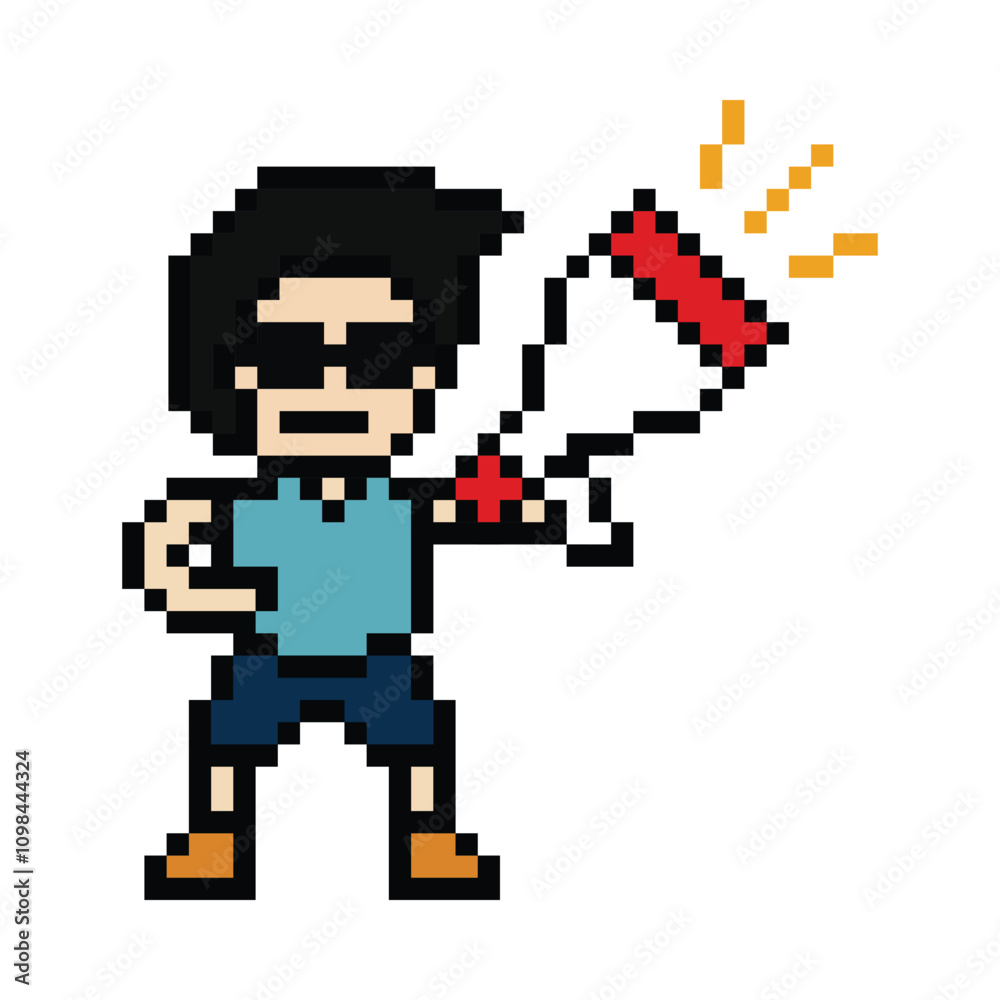 Obraz premium Cute pixel cartoon character man with megaphone announcement speaker information announce decoration 8 bit male boy megaphone cartoon pixel game png vector. 