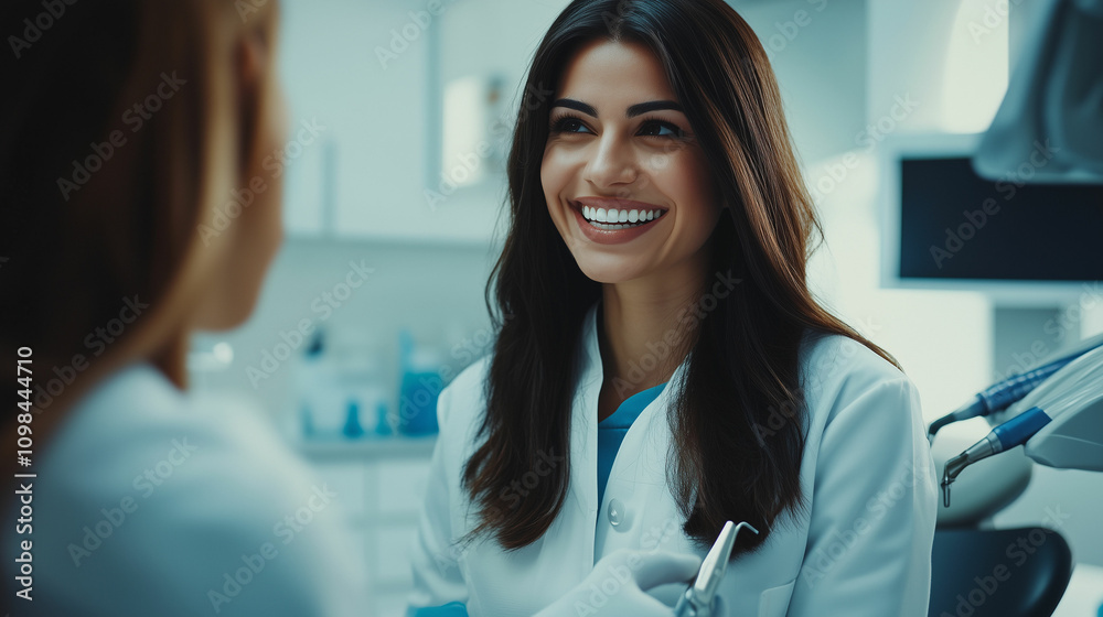 Fototapeta premium Smiling dentist engages with a patient in a modern dental clinic during a consultation
