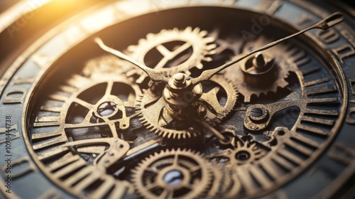 Intricate gears of a vintage clock mechanism. photo