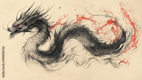 Majestic Ink Dragon Swirling In Red And Black Hues photo