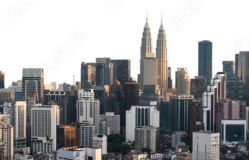 Photography Kuala Lumpur cityscape featuring the iconic Petronas Towers and modern skyscrapers, isolated on white background