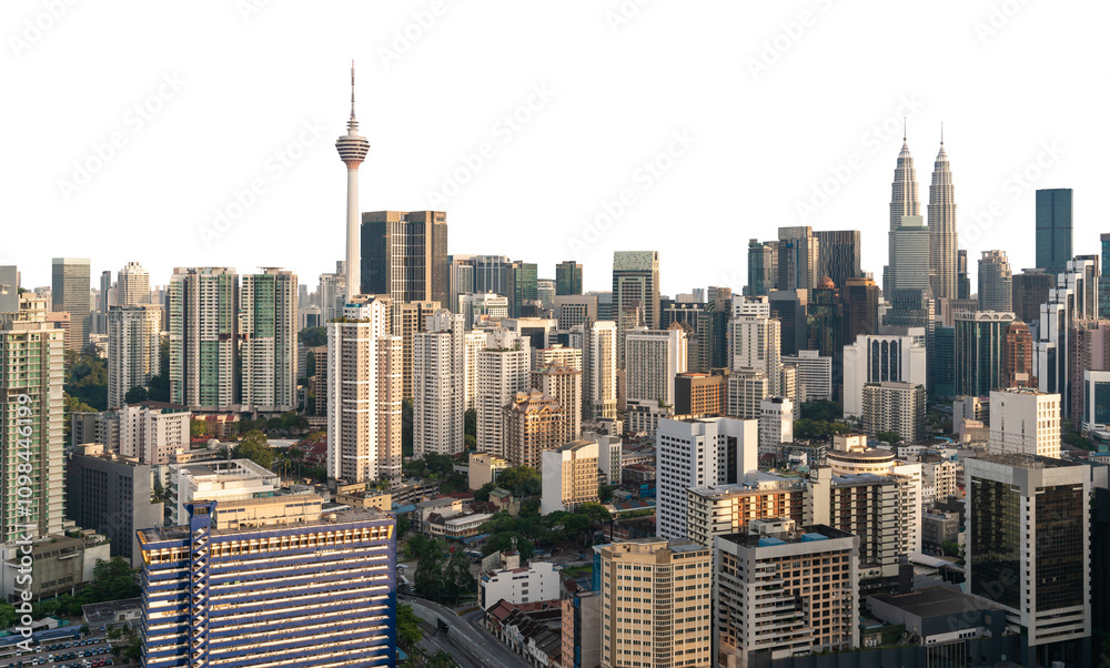 Fototapeta premium Kuala Lumpur skyline featuring iconic towers and buildings, isolated on a white background. Ideal for templates, layouts, and design concepts