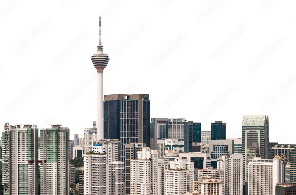 Fototapeta premium Kuala Lumpur skyline featuring iconic towers and modern buildings, isolated on a white background. Concept of architecture and cityscape