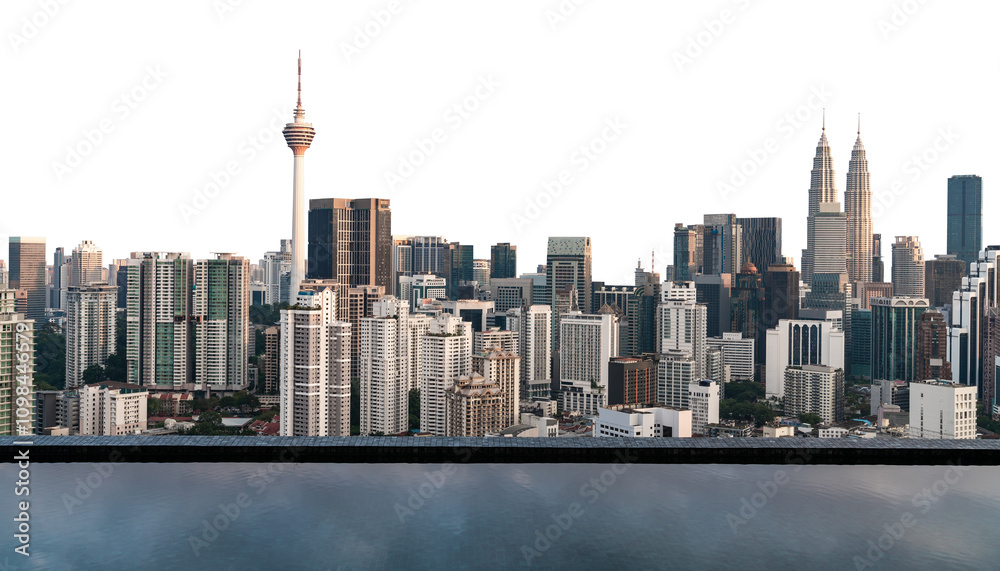 Fototapeta premium Kuala Lumpur skyline featuring modern skyscrapers, including the Petronas Towers, isolated on a white background with reflections in water