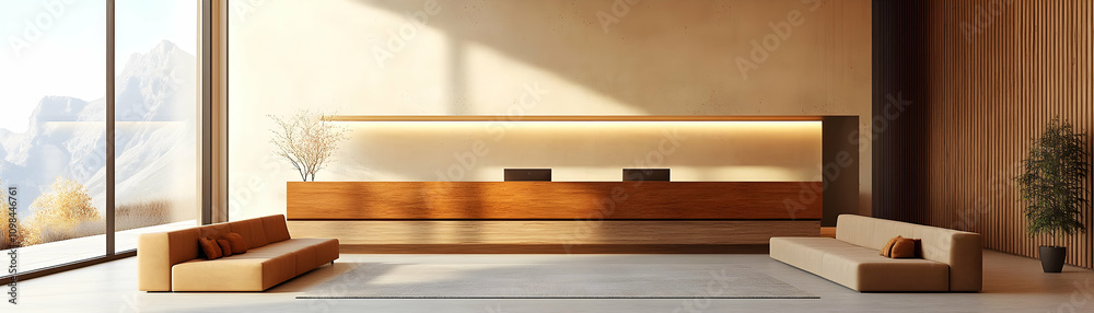 Fototapeta premium Modern Minimalist Lobby Design with Mountain View