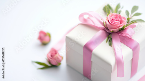 A beautifully wrapped gift box adorned with a pink ribbon and delicate roses, perfect for special occasions or celebrations.