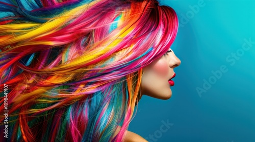 photograph of creative colorful long hair style, creative mind and color explosion wide angle lens