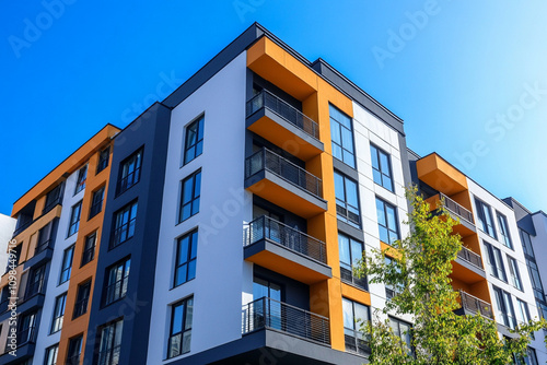 New building architecture on blue background, low angle view of modern building exterior
