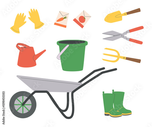 Garden tools and equipment cartoon set of vector agriculture, farming and gardening design. Spade, rake, shovel