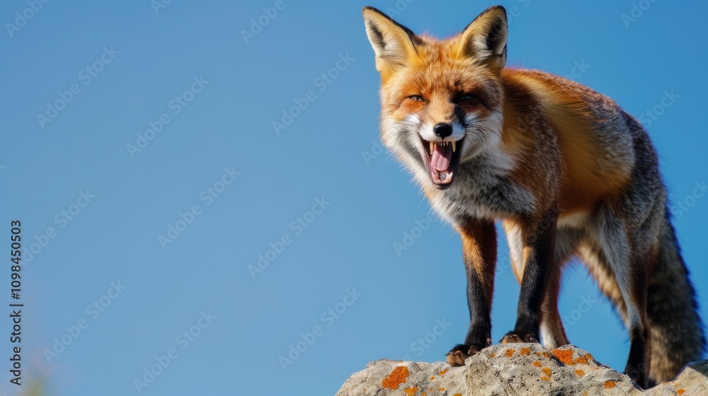 Obraz premium fox standing on a rock, blue sky background