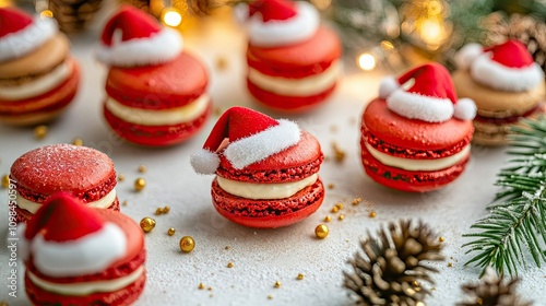 Festive Christmas Macarons with Santa Hats and Holiday Decorations