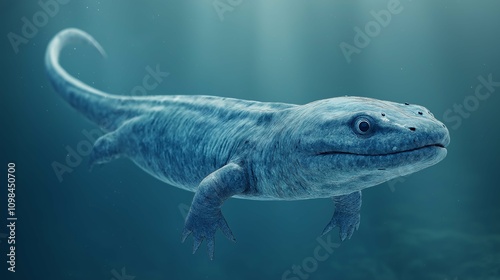 Ancient Aquatic Creature Swimming in Mysterious Blue Waters