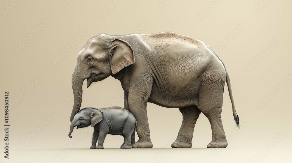 Obraz premium Realistic 3D Render of Elephant and Baby Elephant in Studio Setting