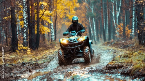 A man in a helmet rides a yellow ATV on a muddy road.