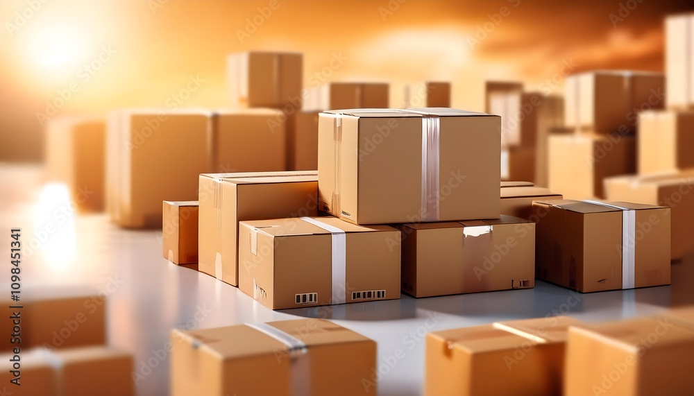Fototapeta premium Cardboard boxes ready for packing and logistics storage, with a shallow depth of field.