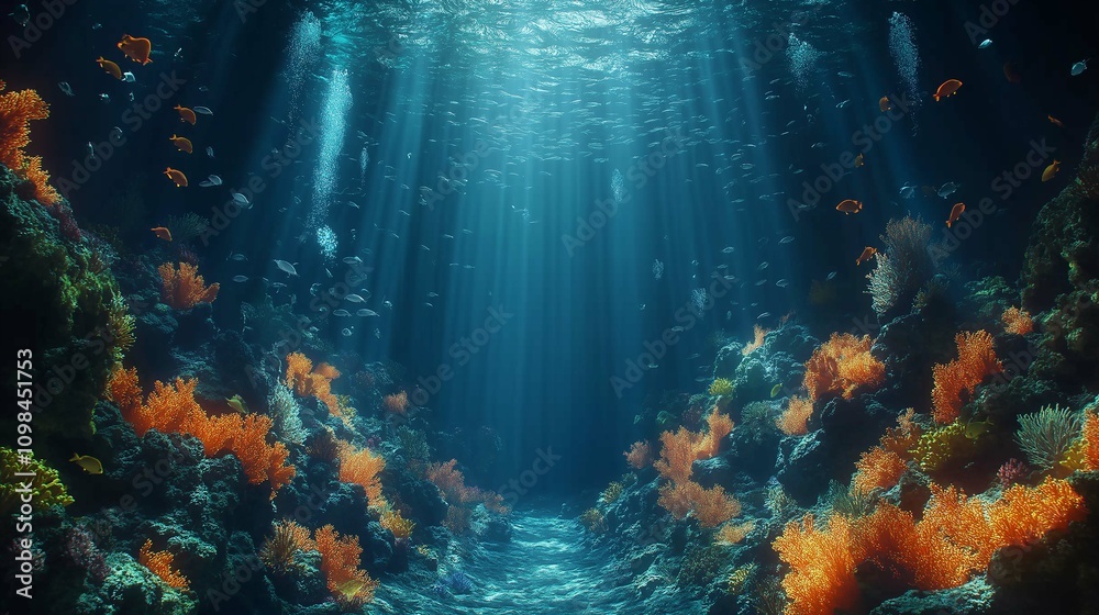 Fototapeta premium Underwater Scene with Sunlight Shining Through Coral Reef