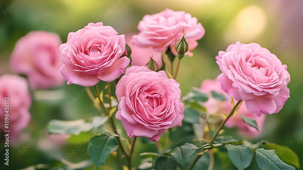 Obraz premium A close-up of pink roses blooming amidst green foliage, showcasing their beauty and elegance.