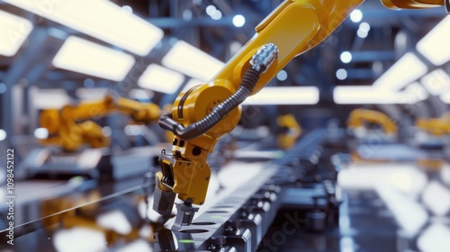 Yellow robot arm on production line in modern factory for cars or other products, with blurred background in style. High quality photo realistic rendering for industrial concepts.