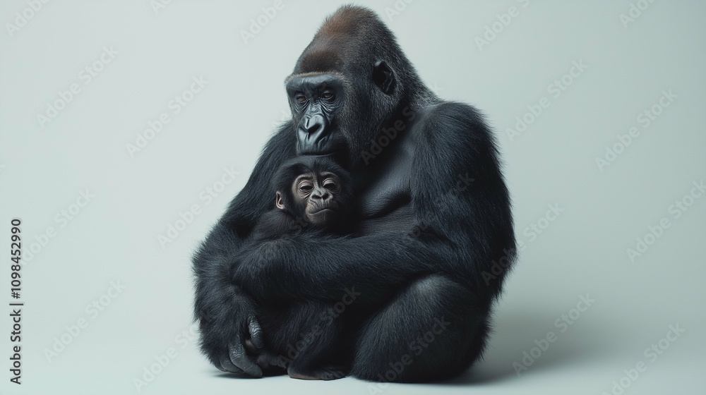 Obraz premium Tender Moment Between Gorilla and Baby in Minimalist Setting