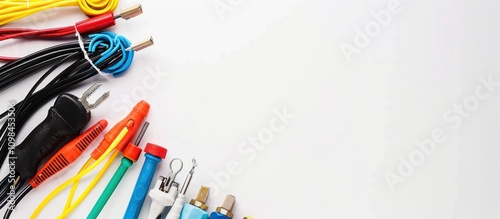 Colorful tools for electricians on a white background with copy space, in a flat top view stock photo