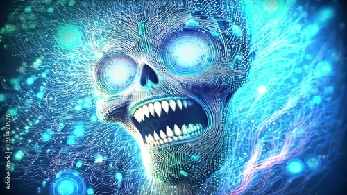 A captivating digital artwork depicting a skull formed from intricate circuitry, illuminated by glowing blue nodes. The skull's menacing grin and piercing blue eyes create a chilling juxtaposition of 