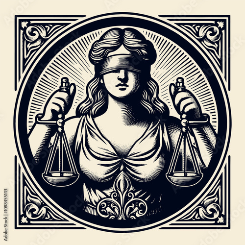 The goddess of justice Justitia with scales in her hand. Square vintage emblem with monograms. Vintage vector engraving illustration.
