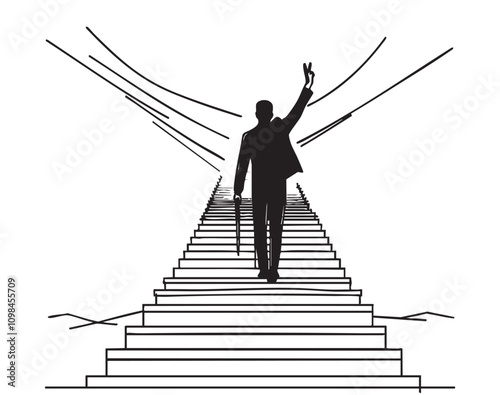 Vector of businessman go on stairs to reach successful victory trophy on top. Black and white silhouette sketch