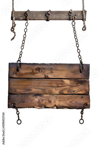 Rustic Wooden Hanging Signboard with Chains Isolated on White Background photo