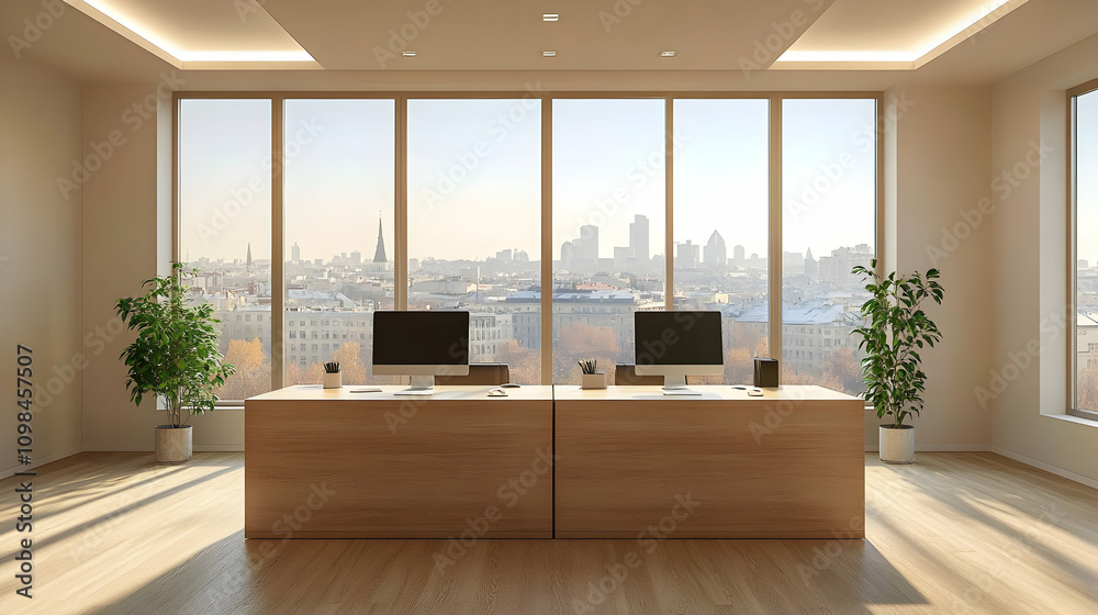 Fototapeta premium Modern Office with City View. Sunlit Workspace Design